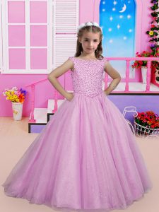 Stunning Lilac Tulle Lace Up Scoop Sleeveless High School Pageant Dress Sweep Train Beading