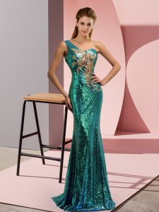 Fitting Green Mermaid One Shoulder Sleeveless Sequined Sweep Train Lace Up Beading Evening Dress