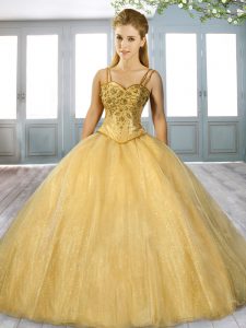 Low Price Gold Spaghetti Straps Neckline Beading 15 Quinceanera Dress Sleeveless Lace Up