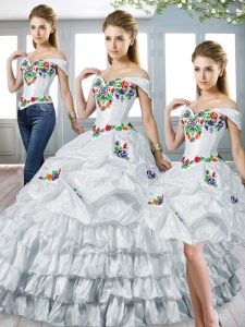 White Lace Up Vestidos de Quinceanera Embroidery and Ruffled Layers Sleeveless Floor Length