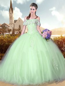Apple Green Off The Shoulder Neckline Beading and Lace and Appliques Quinceanera Dresses Sleeveless Lace Up