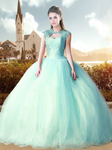 Ideal Cap Sleeves Beading Lace Up Quince Ball Gowns