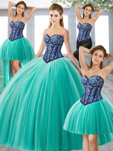 Ideal Sleeveless Floor Length Embroidery Lace Up Quince Ball Gowns with Turquoise