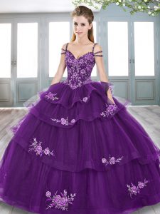 Sleeveless Tulle Floor Length Lace Up Quinceanera Dress in Eggplant Purple with Embroidery