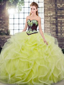 Sweetheart Sleeveless Tulle Quinceanera Gown Embroidery and Ruffles Sweep Train Lace Up