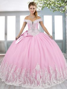 Stylish Tulle Off The Shoulder Sleeveless Lace Up Beading and Appliques and Bowknot 15 Quinceanera Dress in Rose Pink