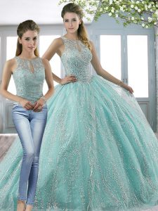 Sleeveless Sweep Train Beading Lace Up Quinceanera Gown