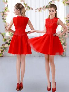 Mini Length Zipper Bridesmaids Dress Red for Prom and Party and Wedding Party with Lace