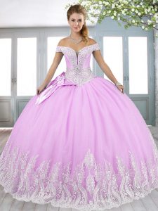 Beautiful Lilac Ball Gown Prom Dress Military Ball and Sweet 16 and Quinceanera with Beading and Appliques and Bowknot O
