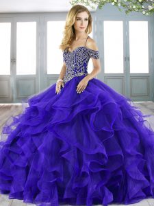 Lace Up Sweet 16 Quinceanera Dress Purple for Military Ball and Sweet 16 and Quinceanera with Beading and Ruffles Sweep 