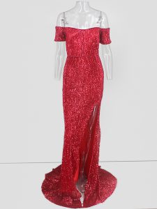 Captivating Mermaid Short Sleeves Red Prom Gown Sweep Train