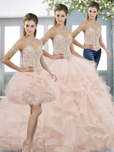 Lace Up Quinceanera Gown Baby Pink for Military Ball and Sweet 16 and Quinceanera with Beading and Ruffles Sweep Train