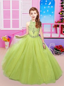 Hot Sale Yellow Green Sleeveless Sweep Train Beading Pageant Dress for Womens