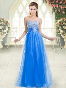 Customized Blue A-line Beading Prom Evening Gown Lace Up Tulle Sleeveless Floor Length