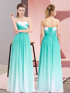Turquoise Empire Chiffon Sweetheart Sleeveless Ruching Floor Length Lace Up Prom Evening Gown