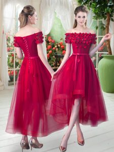 Red Tulle Lace Up Prom Party Dress Short Sleeves High Low Appliques