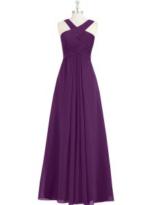 Floor Length Eggplant Purple Prom Dresses Chiffon Sleeveless Ruching