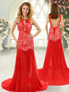 Sleeveless Chiffon Brush Train Backless Prom Party Dress in Red with Lace