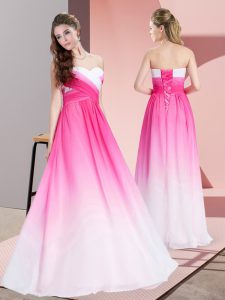 Chic Pink And White Empire Sweetheart Sleeveless Chiffon Floor Length Lace Up Ruching Prom Evening Gown