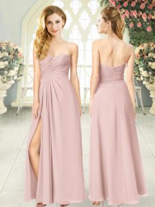 Pink Chiffon Zipper Sweetheart Sleeveless Floor Length Homecoming Dress Ruching