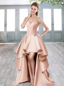 Comfortable Satin Halter Top Sleeveless Lace Up Beading Dress for Prom in Pink