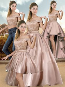 Pink Satin Lace Up Off The Shoulder Sleeveless Floor Length Quince Ball Gowns Beading