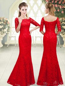 Lace 3 4 Length Sleeve Floor Length Evening Dress and Beading