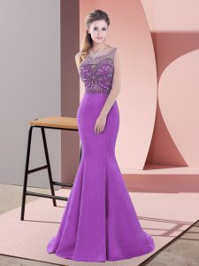 High Class Satin Scoop Sleeveless Sweep Train Backless Beading and Lace Prom Evening Gown in Purple