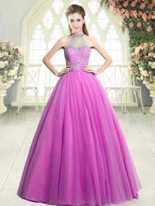 Dazzling Halter Top Sleeveless Prom Gown Floor Length Beading Pink Tulle