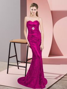 Popular Lace Up Fuchsia for Prom and Party with Belt Sweep Train