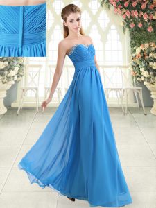 Blue Empire Chiffon Sweetheart Sleeveless Beading Floor Length Zipper Dress for Prom
