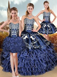 Pretty Floor Length Navy Blue Sweet 16 Dress Organza Sleeveless Embroidery and Ruffled Layers