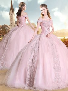 Pink Ball Gowns Beading Sweet 16 Dress Lace Up Organza Sleeveless