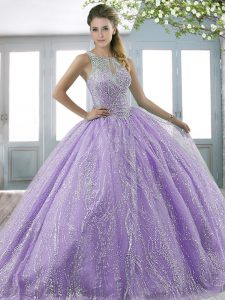 Lavender Ball Gowns Beading Sweet 16 Quinceanera Dress Lace Up Tulle Sleeveless