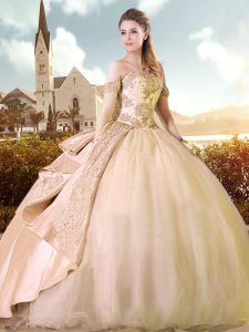 Custom Design Champagne Satin Lace Up Off The Shoulder Sleeveless Quinceanera Dresses Sweep Train Beading and Appliques
