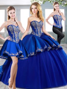 Sexy Royal Blue Ball Gowns Sweetheart Sleeveless Tulle Sweep Train Lace Up Beading and Embroidery Quinceanera Dresses