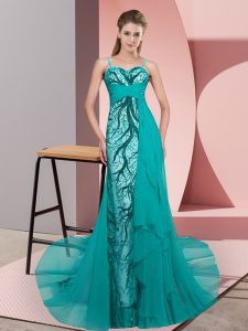 Amazing Teal Prom Dress Prom and Party with Beading and Lace Spaghetti Straps Sleeveless Sweep Train Zipper