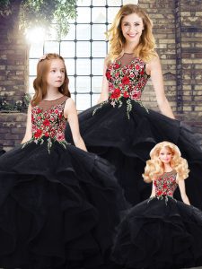 Black Tulle Lace Up Quinceanera Gown Sleeveless Floor Length Beading and Embroidery