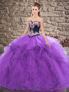 Flare Purple Sleeveless Floor Length Beading and Embroidery Lace Up Sweet 16 Dresses