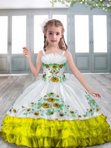 Hot Sale Yellow And White Straps Lace Up Embroidery Kids Formal Wear Sleeveless
