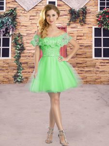 Fitting Green Zipper Off The Shoulder Beading and Lace and Appliques Quinceanera Court of Honor Dress Tulle Sleeveless
