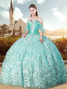 Extravagant Apple Green Tulle Lace Up Sweetheart Sleeveless Floor Length Sweet 16 Dresses Appliques