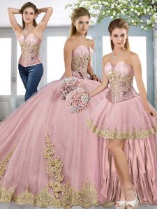 Cute Sweetheart Sleeveless 15th Birthday Dress Sweep Train Beading and Appliques Baby Pink Tulle