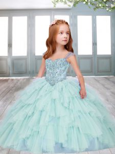 Amazing Aqua Blue Sleeveless Beading Floor Length Little Girl Pageant Dress