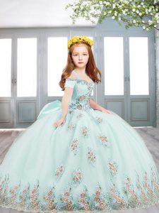 Fantastic Tulle Off The Shoulder Short Sleeves Lace Up Appliques and Bowknot Pageant Gowns For Girls in Blue
