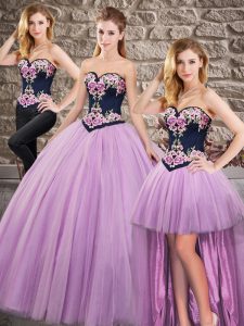 Wonderful Lilac Lace Up Quinceanera Gowns Embroidery Sleeveless Sweep Train