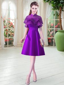 Cute High-neck Cap Sleeves Lace Up Dress for Prom Eggplant Purple Satin