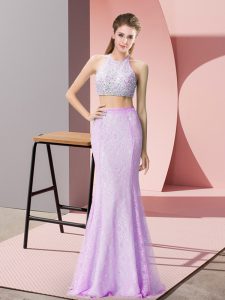 Sleeveless Backless Floor Length Beading and Lace Prom Dress