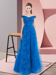 Blue Lace Up Prom Dress Beading Sleeveless Floor Length
