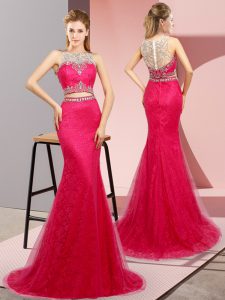 Sweep Train Two Pieces Prom Party Dress Hot Pink Scoop Tulle and Lace Sleeveless Lace Up